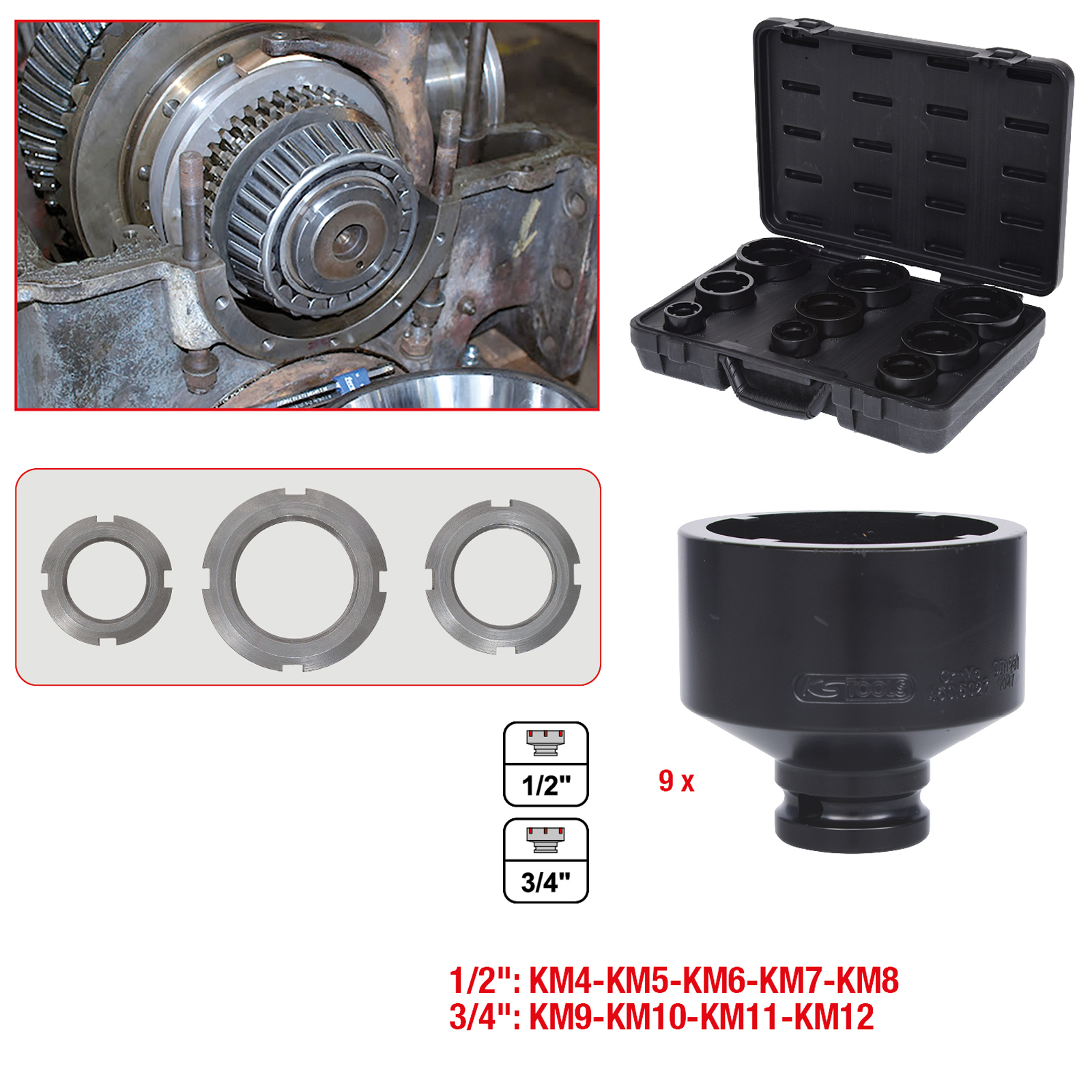 KS TOOLS Nutmuttern-Schlüssel-Satz Zapfen innen liegend 9tlg. - 450.5020