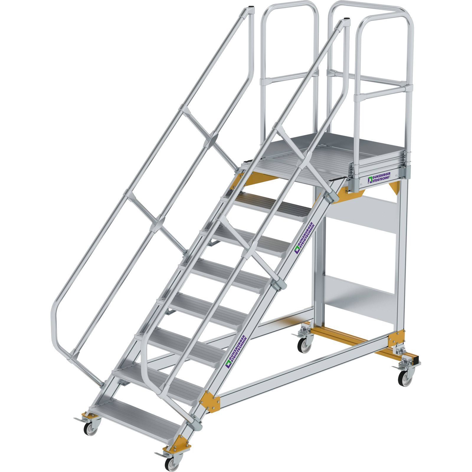 Günzburger Steigtechnik Plattformtreppe 45° fahrbar Stufenbreite 0,8 m 8 Stufen Aluminium geriffelt - 600788