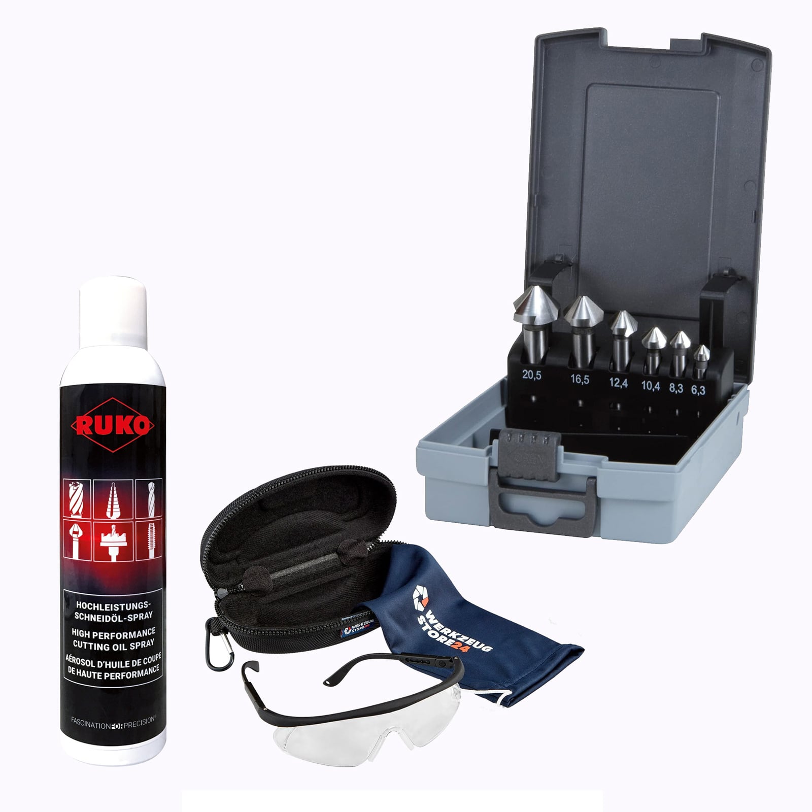 RUKO Kegelsenker-Satz HSS, 6tlg., 6,3–20,5 mm, DIN 335 Form C, 90° inkl. Spray & Schutzbrille - WZS102152RO
