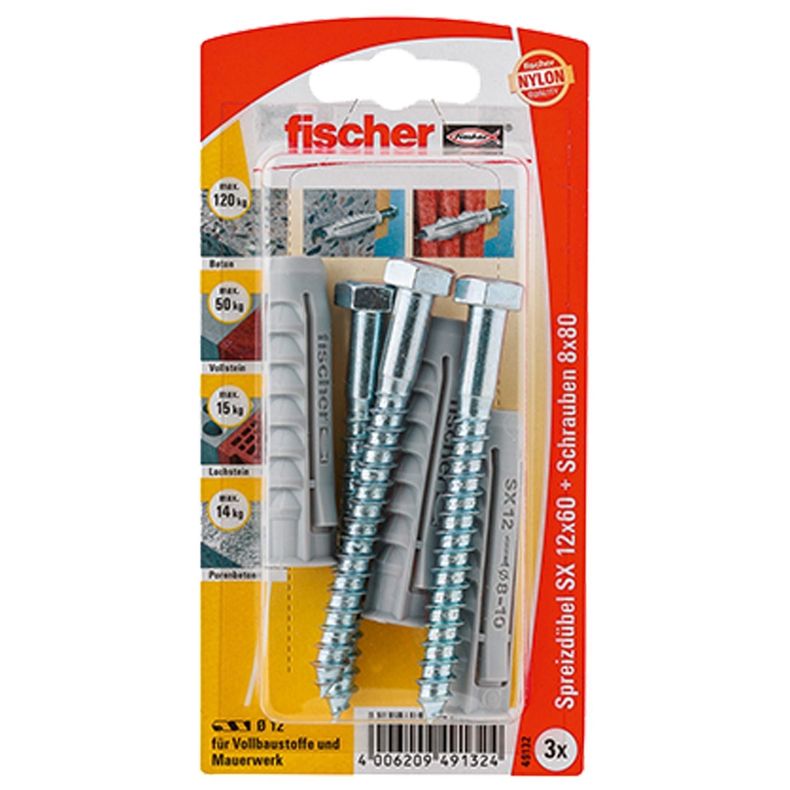 Fischer 3x Dübel SX 12x60 S mit Schraube - 49132 Auslauf