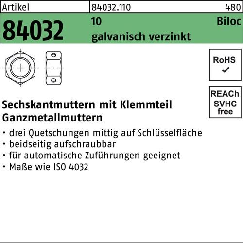 Sechskantmutter R 84032 Biloc Klemmteil M12 10 galv.verz. 500 Stück