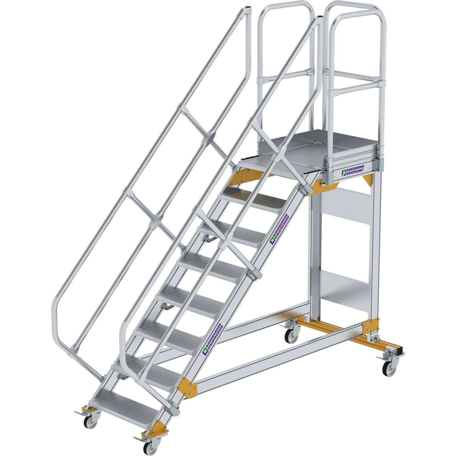 Günzburger Steigtechnik Plattformtreppe 45° fahrbar Stufenbreite 0,6 m 8 Stufen Aluminium geriffelt - 600768
