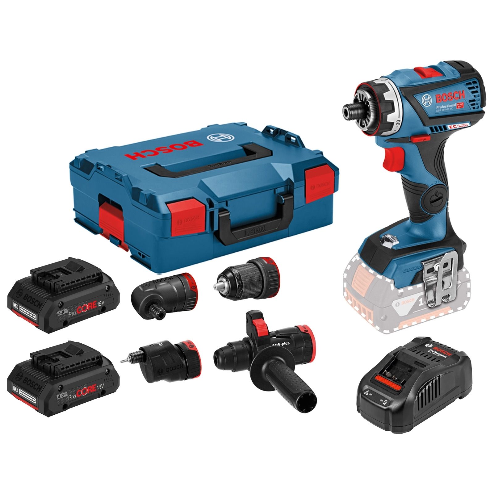 Bosch Akku-Bohrschrauber GSR 18V-60 FC / 2x 4,0 Ah ProCORE18V Akku + Ladegerät inkl. 4 Aufsätzen in L-Boxx - 06019G7106