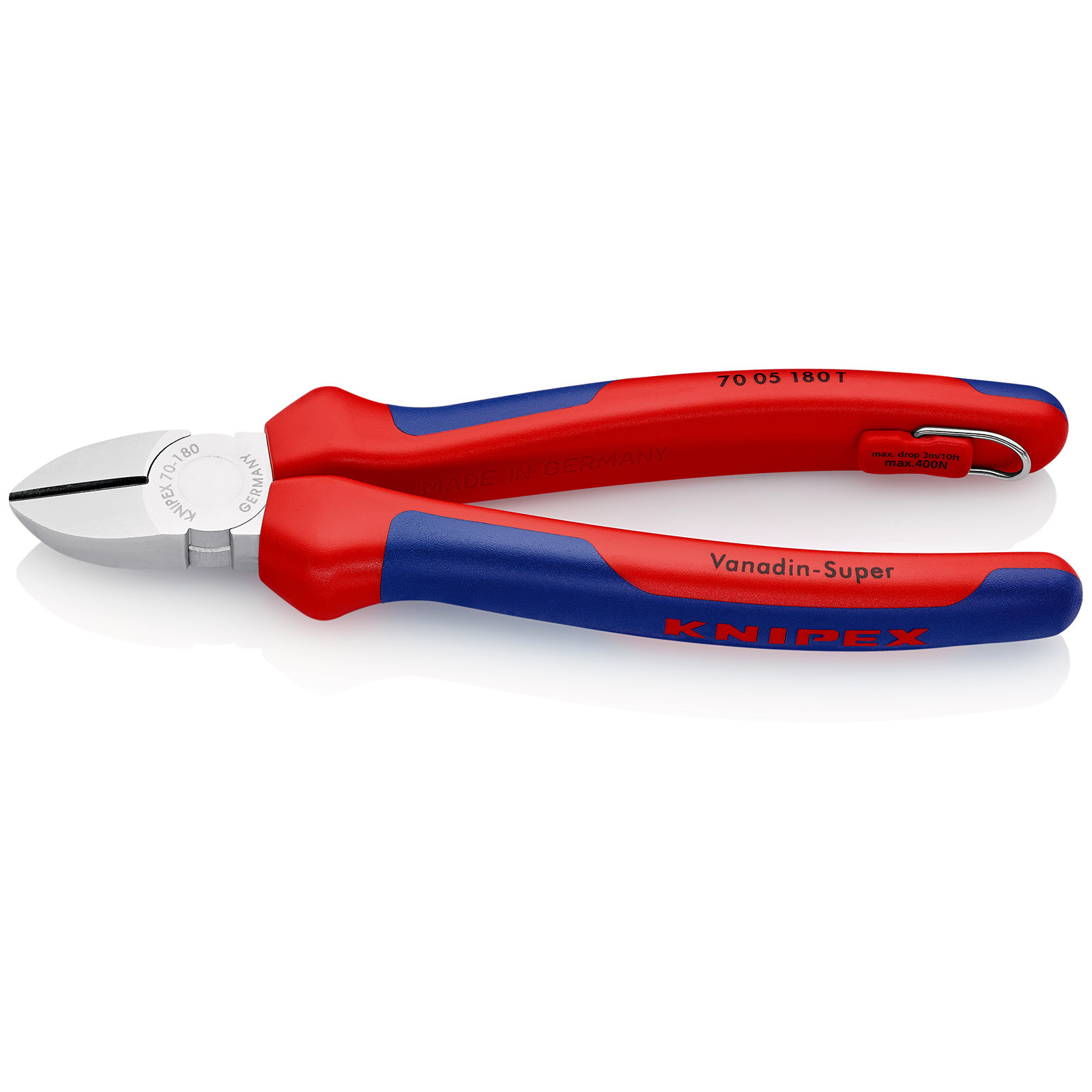 Knipex Seitenschneider mit Befestigungsös verchromt, mit Mehrkomponenten-Hüllen, mit integrierter Befestigungsöse zum Anbringen einer Absturzsicherung 180 mm - 7005180TBK
