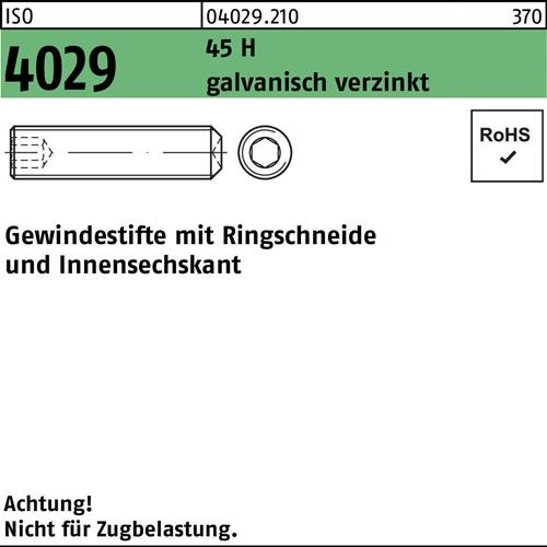 Gewindestift ISO 4029 Ringschneide/Innen-6kt M3x6 45 H galv.verz. 1000St.