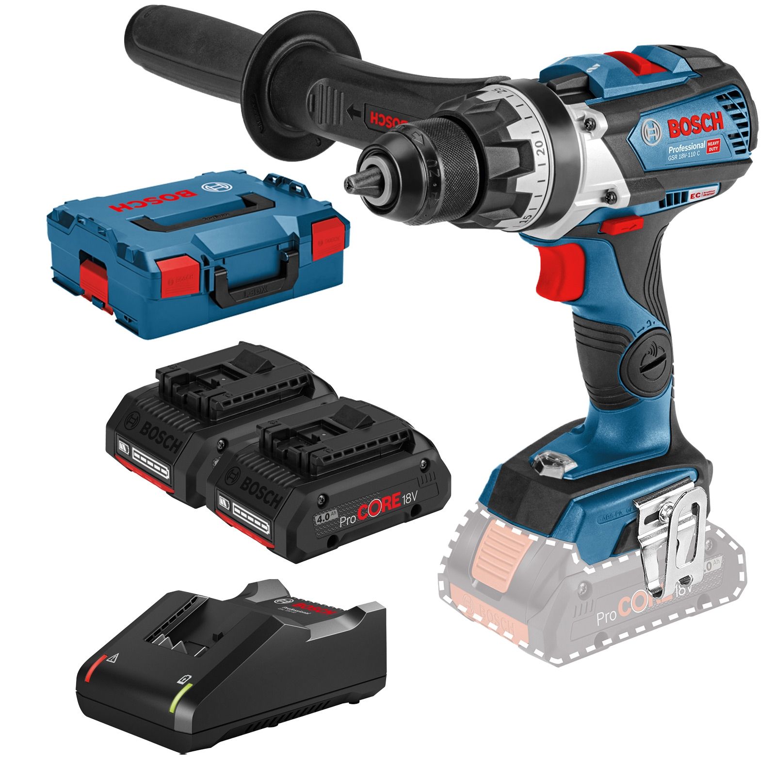Bosch Akku-Bohrschrauber GSR 18V-110 C / 2x 4,0 Ah ProCORE18V Akku + Ladegerät  in L-Boxx - 06019G010A