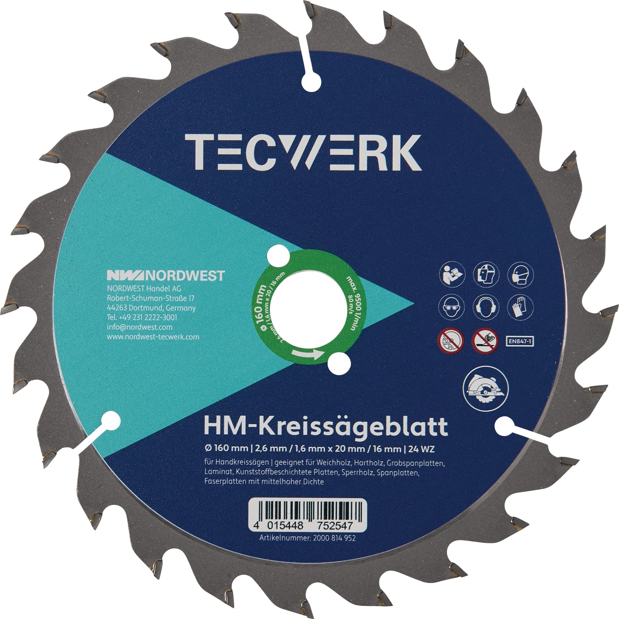 Handkreissägeblatt AD 160mm Z.24 WZ Schnitt-B.2,6mm TECWERK
