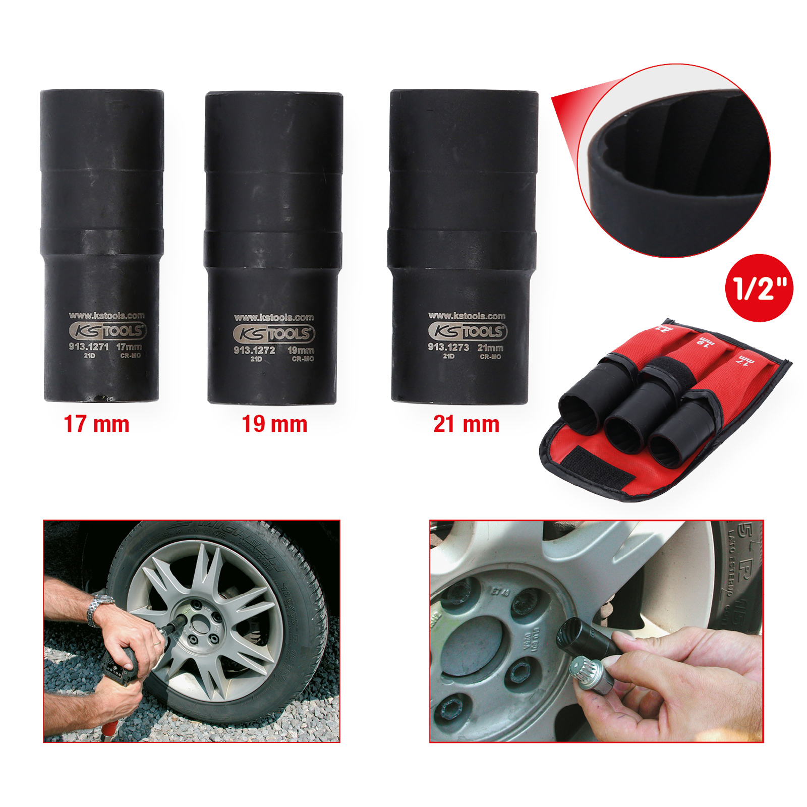 KS TOOLS 1/2" Spiral-Profil-Kraft-Stecknuss-Satz 3tlg. 17 - 21 mm - 913.1270