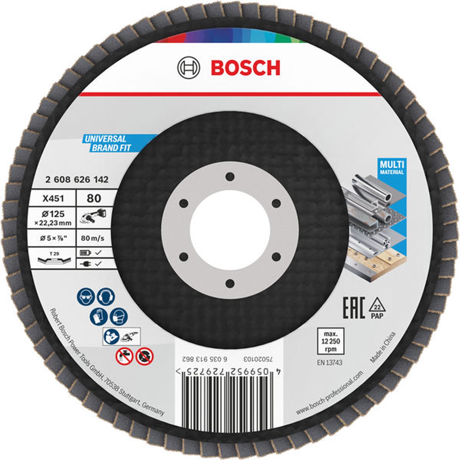 Bosch X451 Fächerschleifscheibe, 125 x 22,23 mm, K80, Z29, 15-tlg