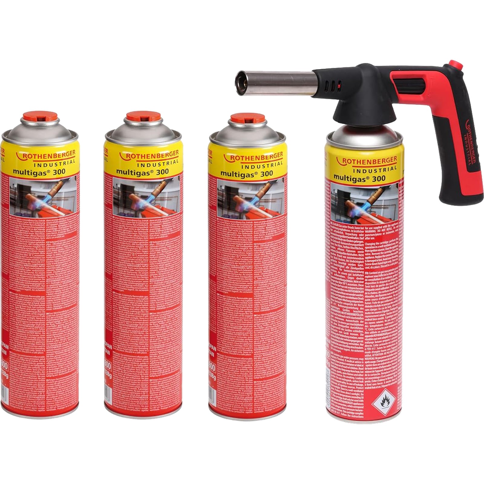 ROTHENBERGER Industrial RS 300 Brenner Aufsatz inkl. 4 x Multigas 338g Piezo 180-360 °C Drehung/Über Kopf Lötbrenner Gasbrenner - 1500005150