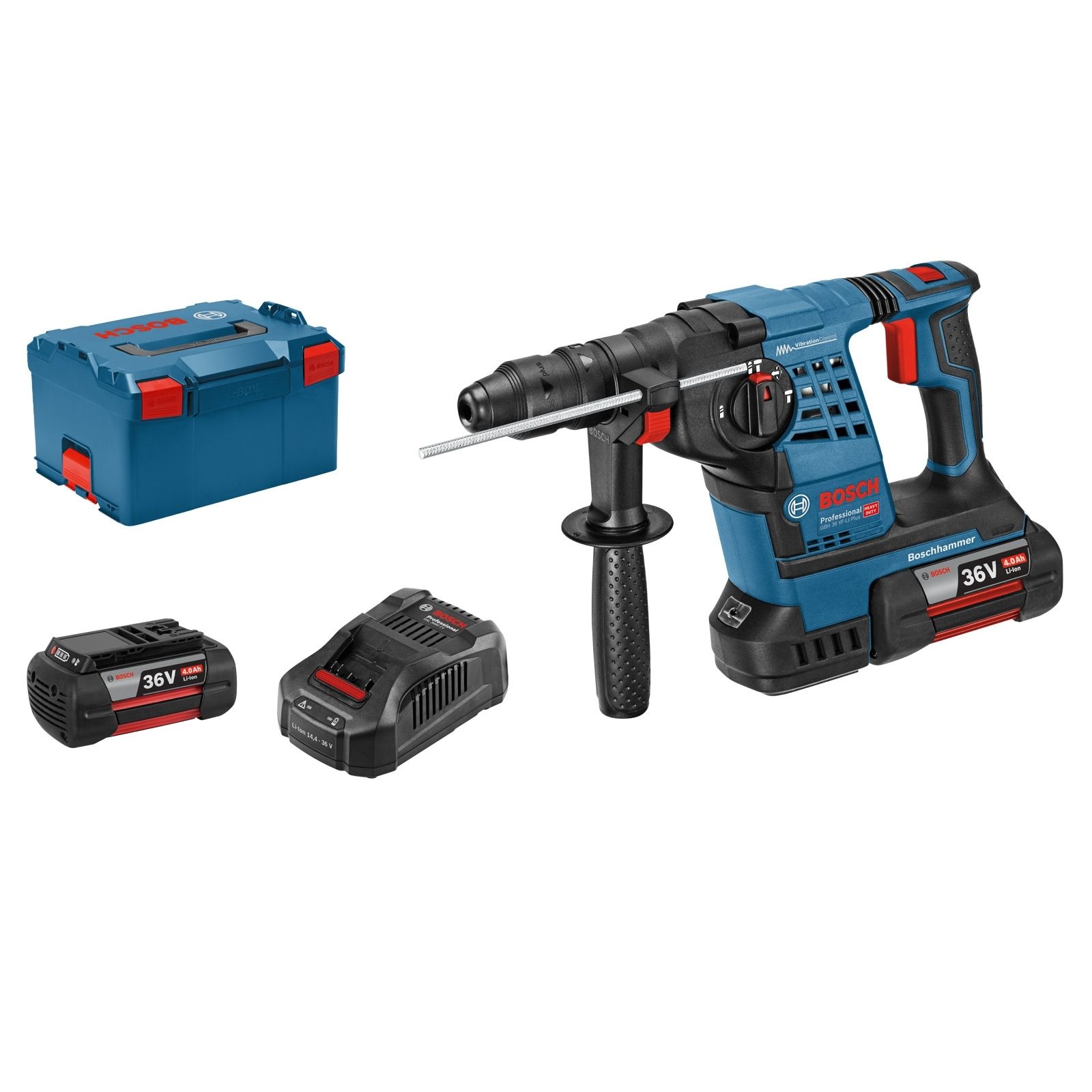 Bosch Akku-Bohrhammer GBH 36V-LI Plus mit SDS plus 36 V / 2x 4,0 Ah Akku + Ladegerät inkl. Zubehör-Set in L-Boxx - 0611906002