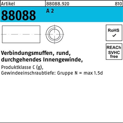 Verbindungsmuffe R 88088 rund IG M8x 30x 11 A 2 durchg. Innengew. 50 Stück