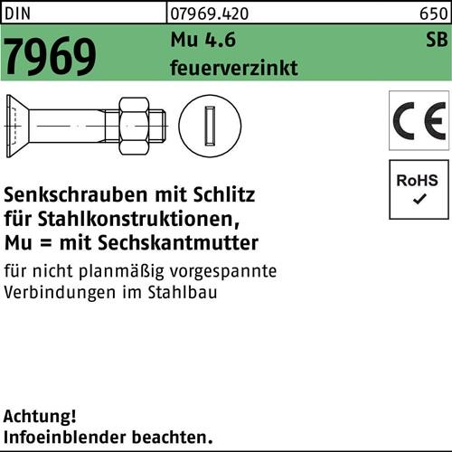 Senkschraube DIN 7969 U/CE Schlitz/Mutter M12x 45 4.6 feuerverz. 100St.