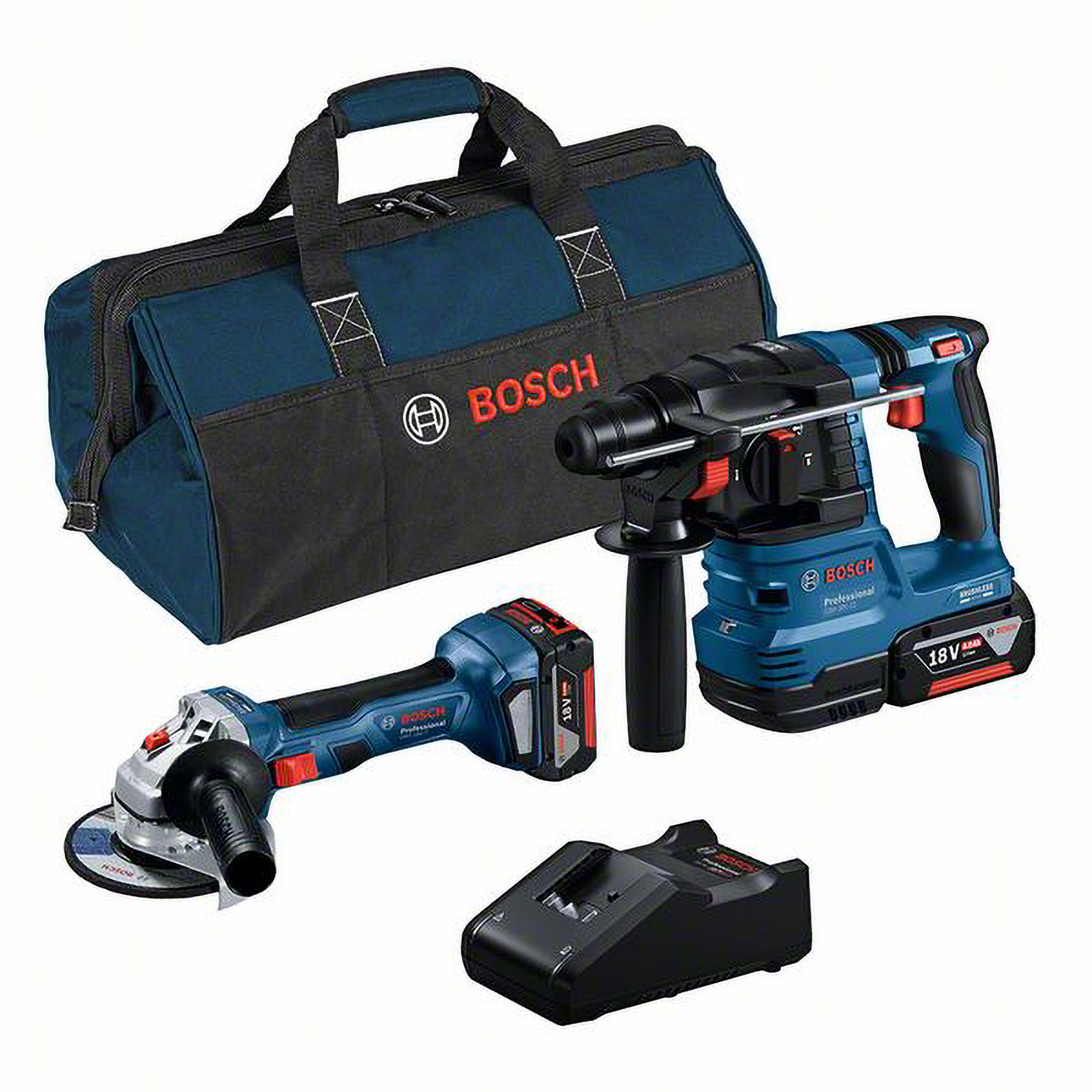 Bosch Combo Kit Akku-Winkelschleifer GWS 18V-7 + Akku-Bohrhammer GBH 18V-22 mit SDS plus / 2x 4,0 Ah Akku + Ladgerät inkl. Tasche - 0615A50037