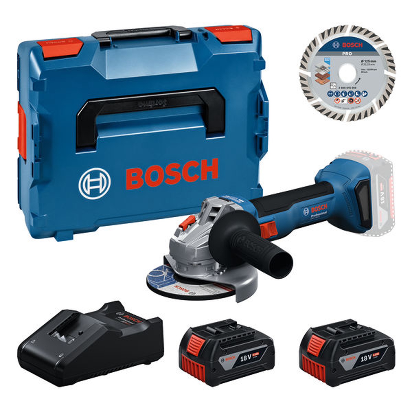 Bosch Werkzeug-Set: GWS 18V-8 / 2x Akku GBA 4.0Ah + Ladegerät + Trennscheibe 125 in L-BOXX - 0615A500E7