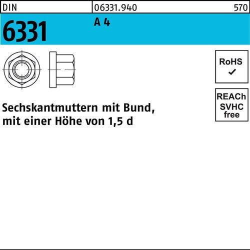 Sechskantmutter DIN 6331 Bund M10 SW 16 A 4 10 Stück