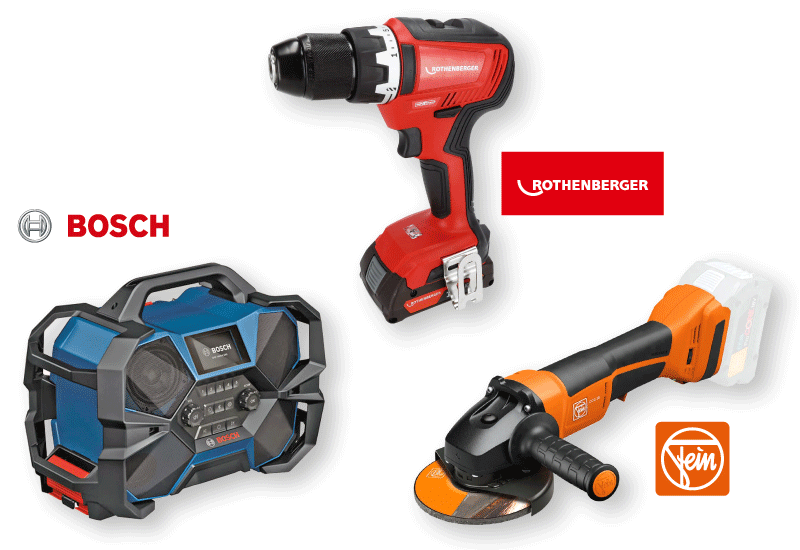 Bosch Radio, Rothenberger Akkuschrauber und Fein Winkelschleifer im Vergleich