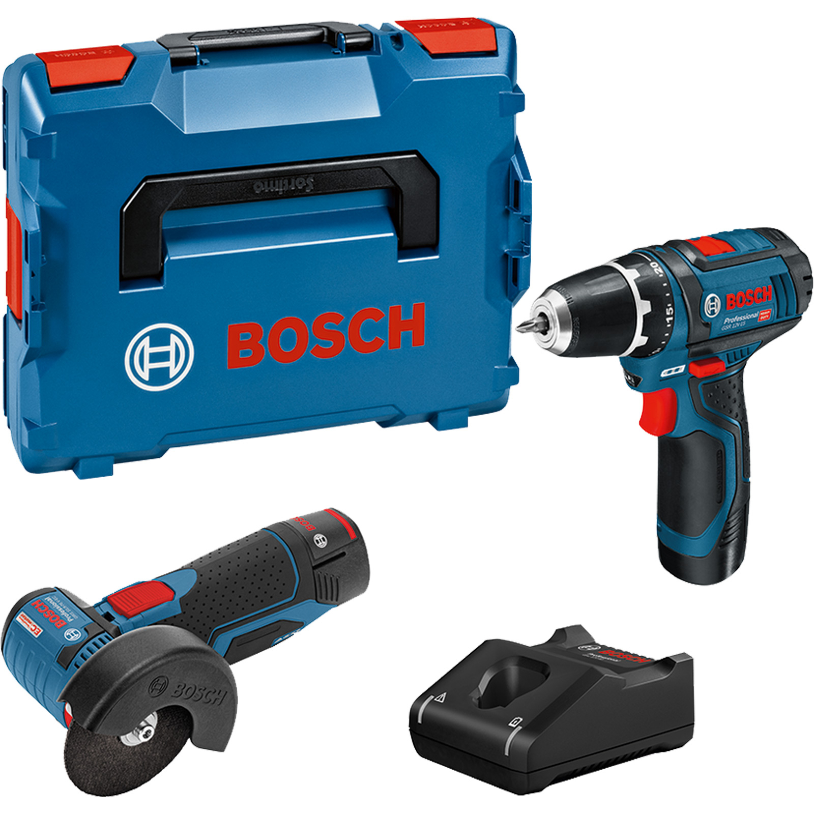 Bosch Combo Kit Set mit 2 12V-Werkzeugen GSR 12V-15 + GWS 12V-76 / 2x 2,0 Ah Akku + Ladegerät in L-Boxx - 0615990N2U