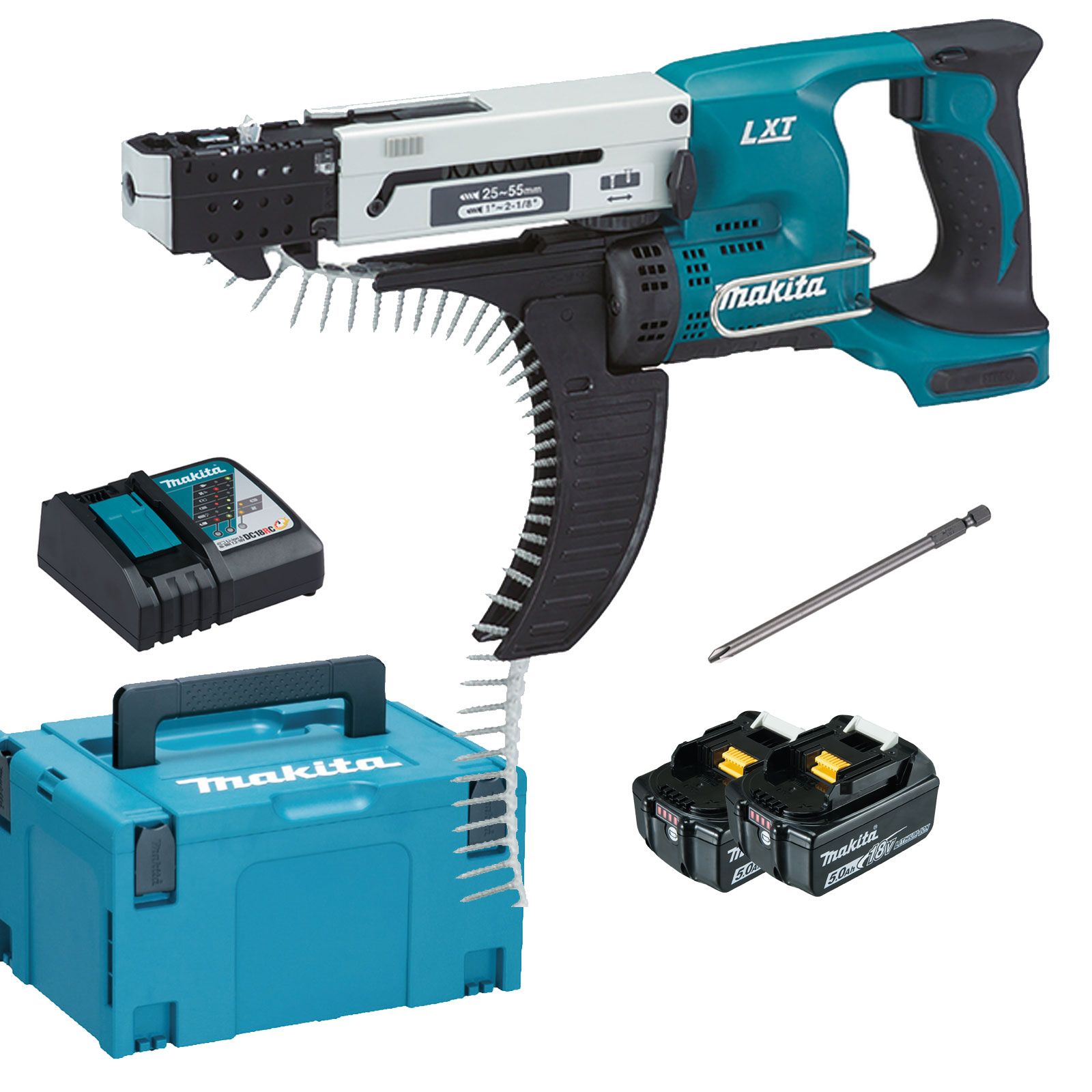 Makita DFR550RTJ Akku-Magazinschrauber 18 V / 2x 5,0 Ah Akku + Ladegerät im Makpac