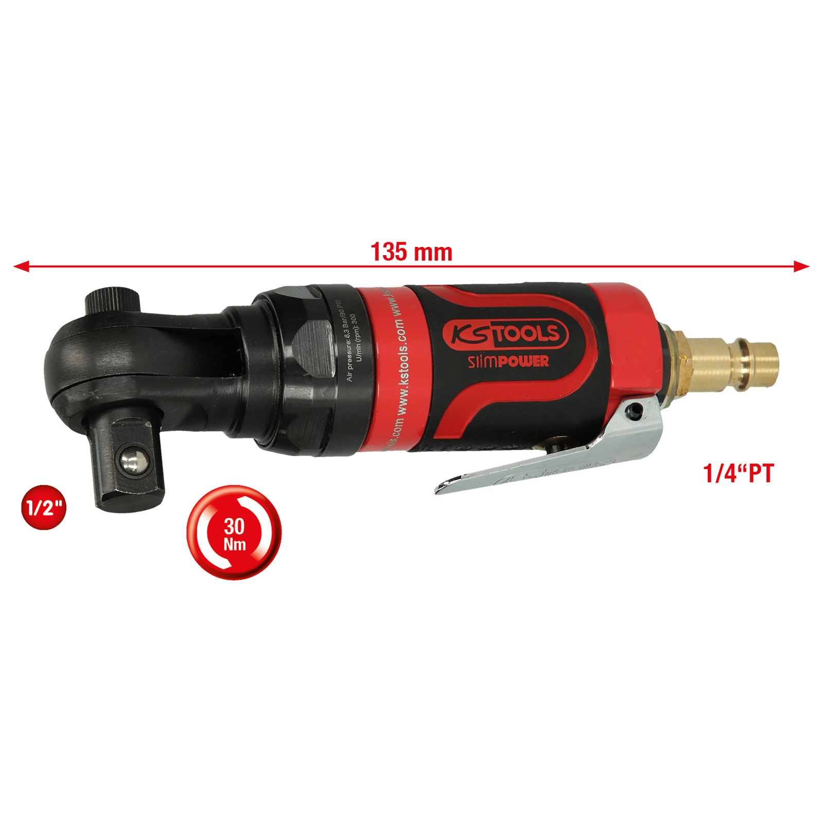 KS TOOLS 1/2" SlimPOWER Mini-Druckluft-Umschaltratsche 30 Nm - 515.5515