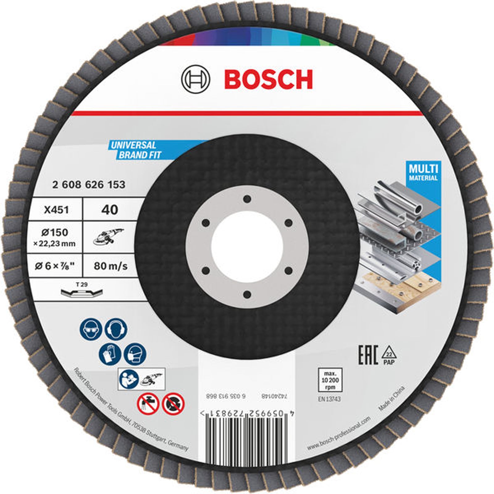 Bosch X451 Fächerschleifscheibe, 150 x 22,23 mm, K40, Z29, 15-tlg