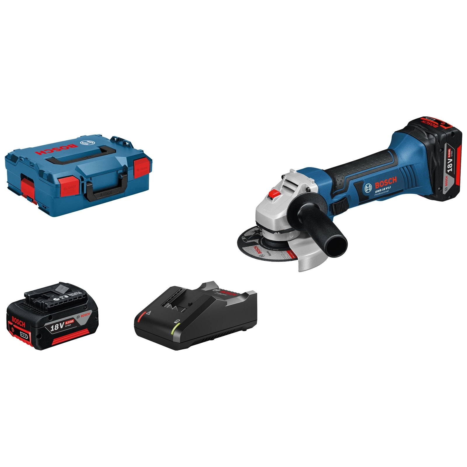 Bosch Akku-Winkelschleifer GWS 18V-Li Ø 125 mm / 2x 4,0 Ah Akku + Ladegerät in L-Boxx - 060193A30Y