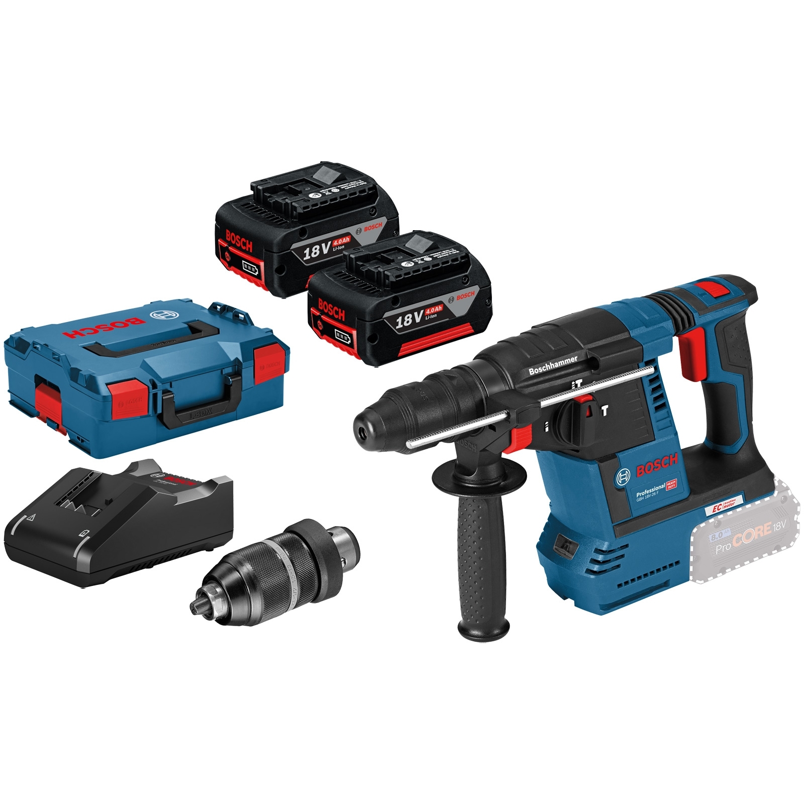 Bosch Akku-Bohrhammer GBH 18V-26 F mit SDS plus 18V / 2x 4,0 Ah Akku + Ladegerät inkl. Zubehör-Set in L-Boxx