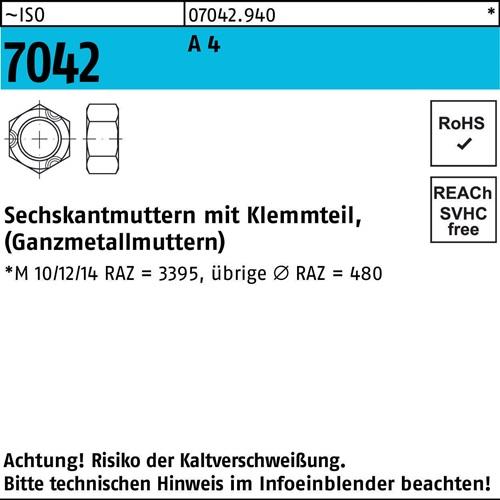 Sechskantmutter ISO 7042 Klemmteil M4 A 4 100 Stück