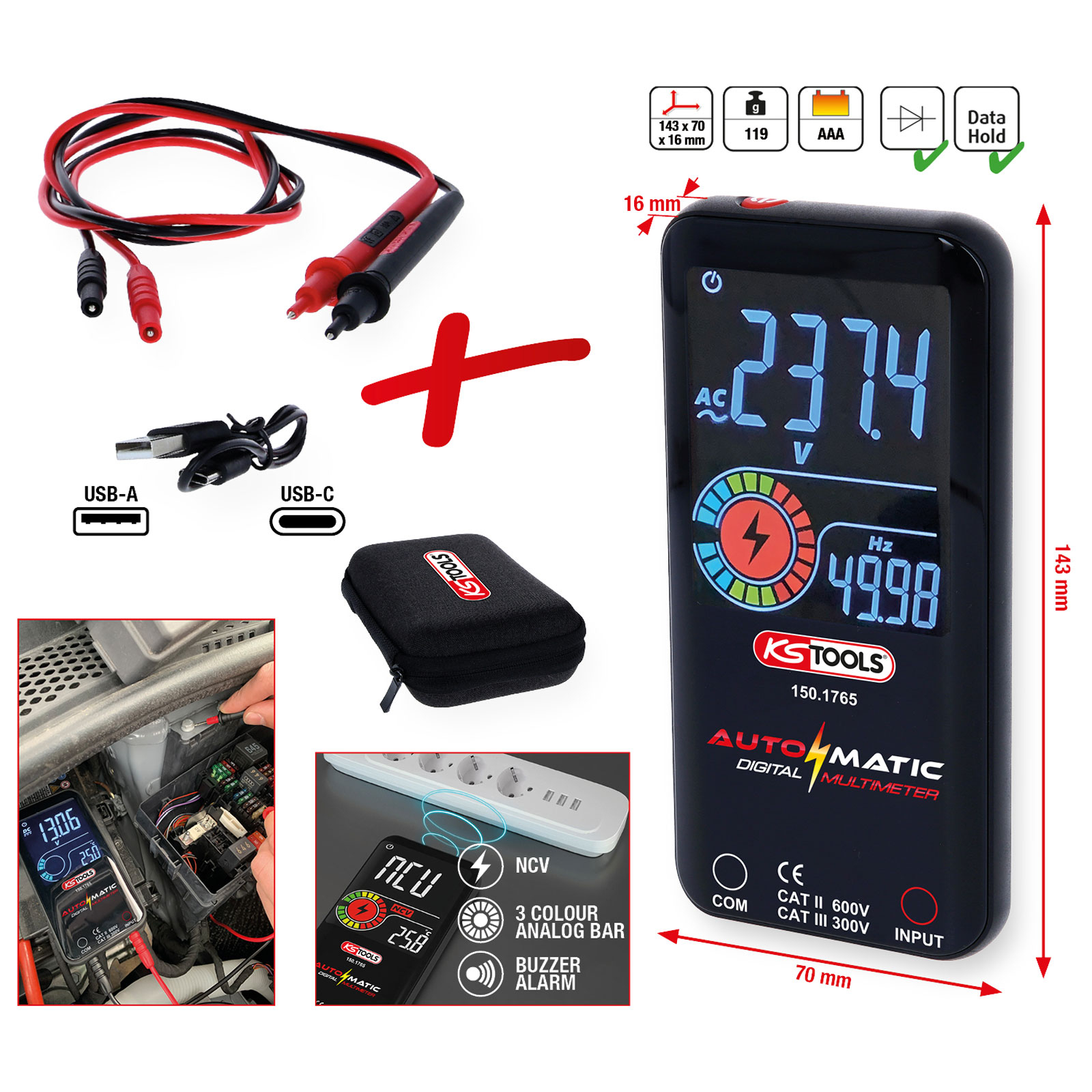 KS TOOLS Automatik Digital-Multimeter inkl. Prüfspitzen  - 150.1765