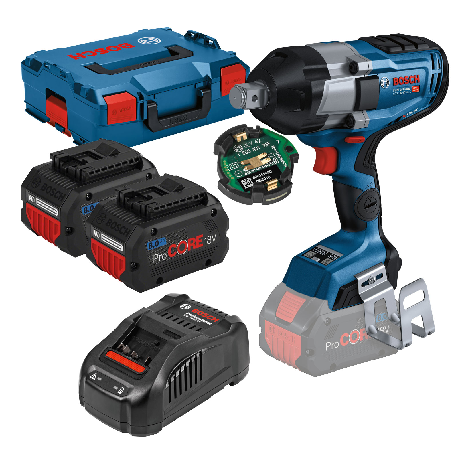 Bosch Akku-Drehschlagschrauber GDS 18V-1050 HC / 2x 8,0 Ah ProCORE18V Akku + Ladegerät in L-Boxx - 06019J8202