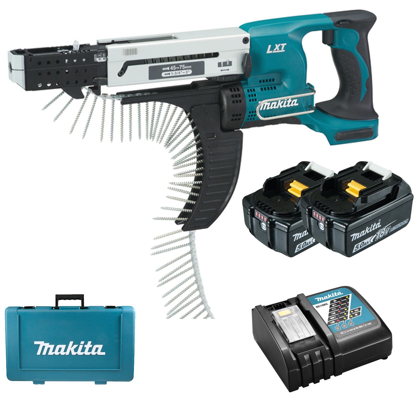 Makita DFR750RTE Akku-Magazinschrauber 18 V / 2x 5,0 Ah Akku + Ladegerät im Transportkoffer