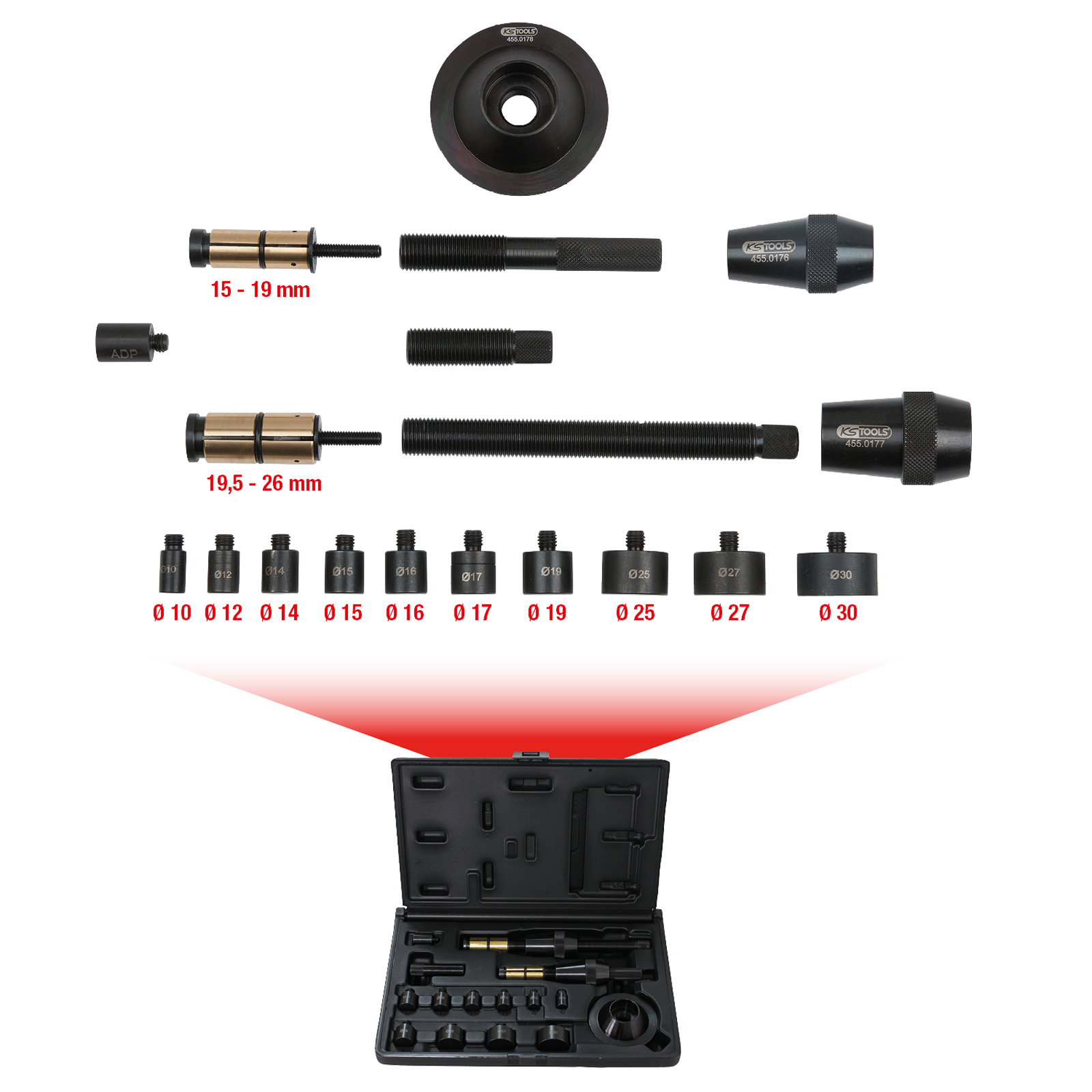 KS TOOLS Universal-Kupplungs-Zentrier-Werkzeug-Satz Ø 15 26 mm 19tlg. - 455.0170