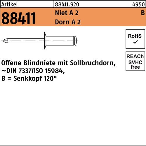 Blindniete R 88411 SEKO B 4x 12 Niet A 2/Dorn A 2 500 Stück