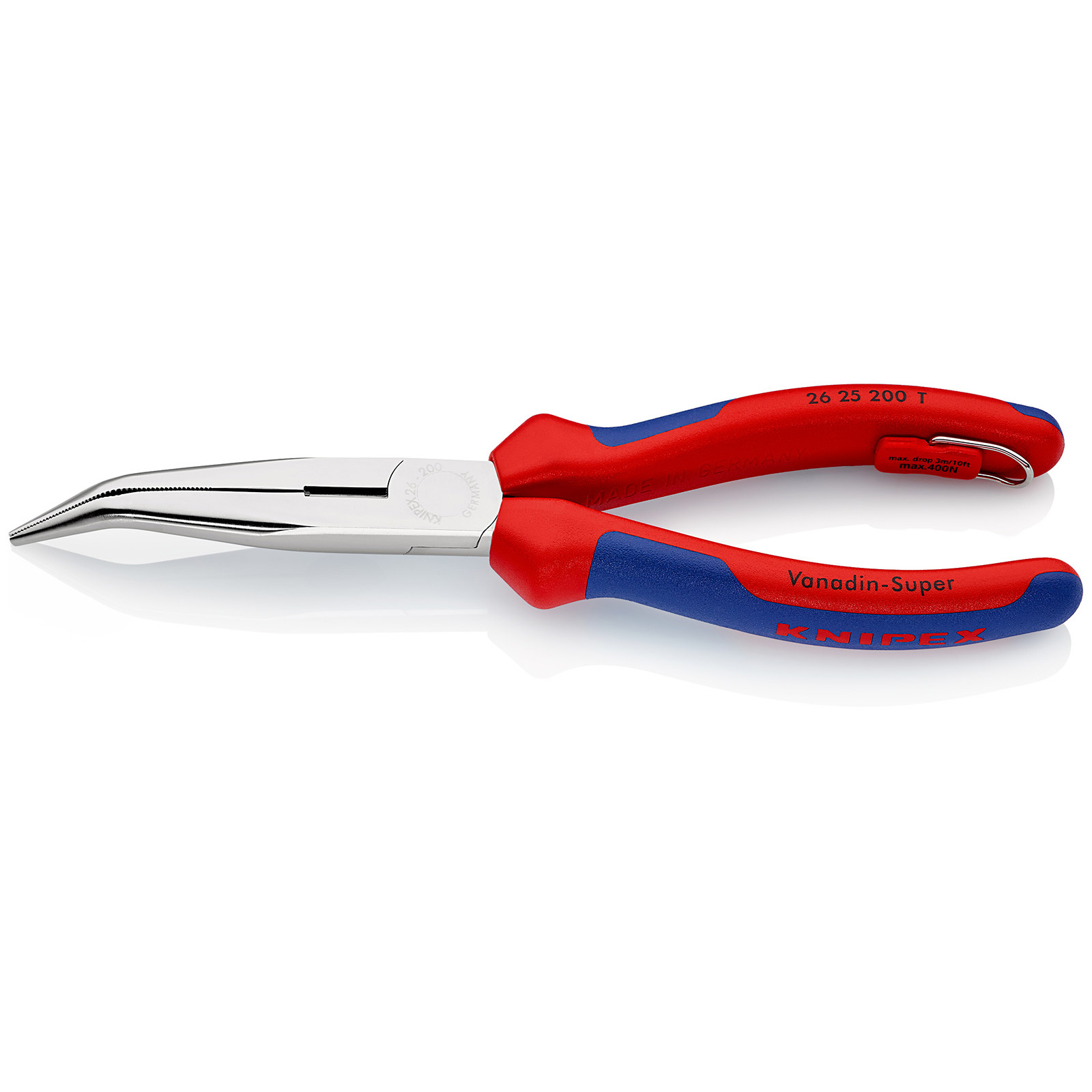 Knipex Flachrundzange mit Schneide/Befestigungsöse verchromt, mit Mehrkomponenten-Hüllen, mit integrierter Befestigungsöse zum Anbringen einer Absturzsicherung 200 mm - 2625200TBK