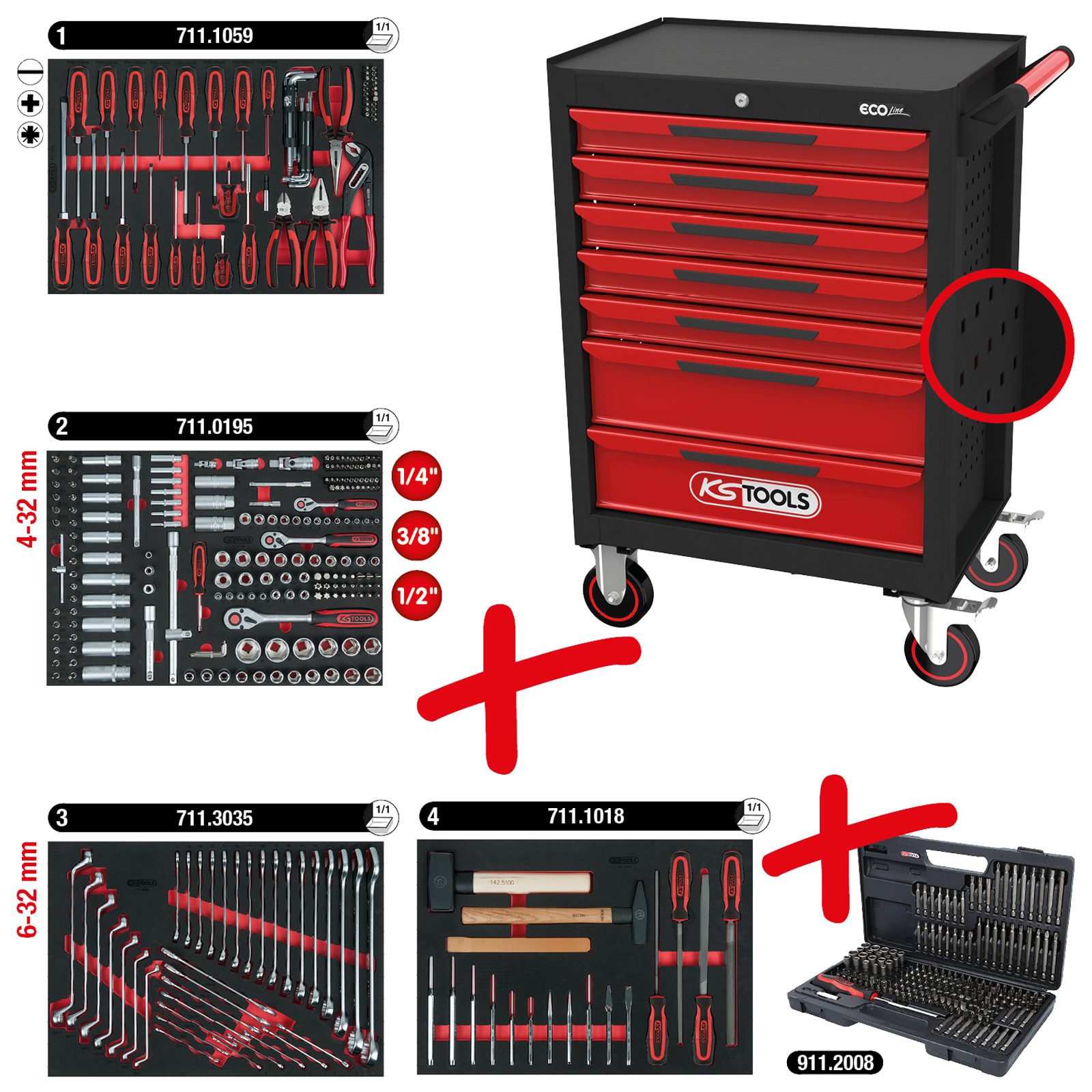 KS TOOLS ECOline SCHWARZ/ROT Werkstattwagen mit 7 Schubladen und 515 Premium-Werkzeugen - 897.7515
