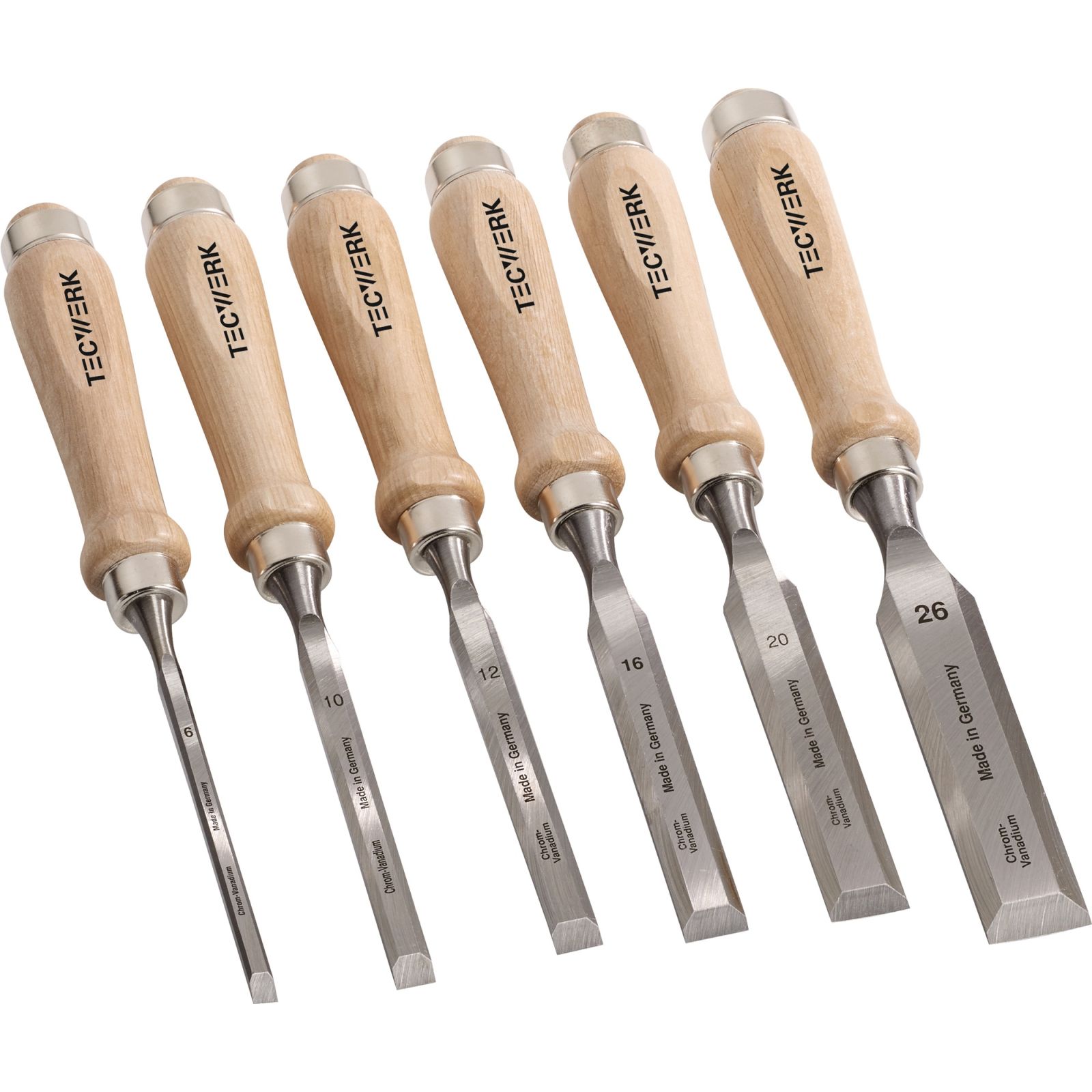 Stechbeitelsatz 6,10,12,16,20,26mm Weißbuchenh.Ulmer Form 6-tlg.Krt.TECWERK