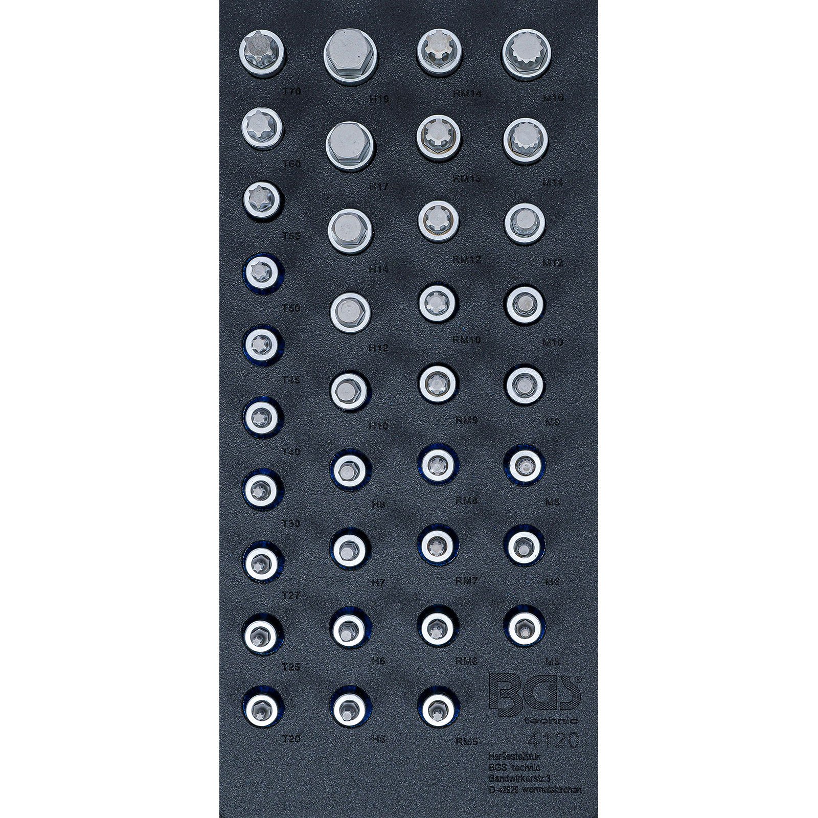 BGS Werkstattwageneinlage 1/3: Bit-Einsatz-Satz Antrieb Innenvierkant 12,5 mm (1/2") Innensechskant, T-Profil (für Torx), Innenvielzahn (für XZN), Keil-Profil (für RIBE) 36tlg. - 4120