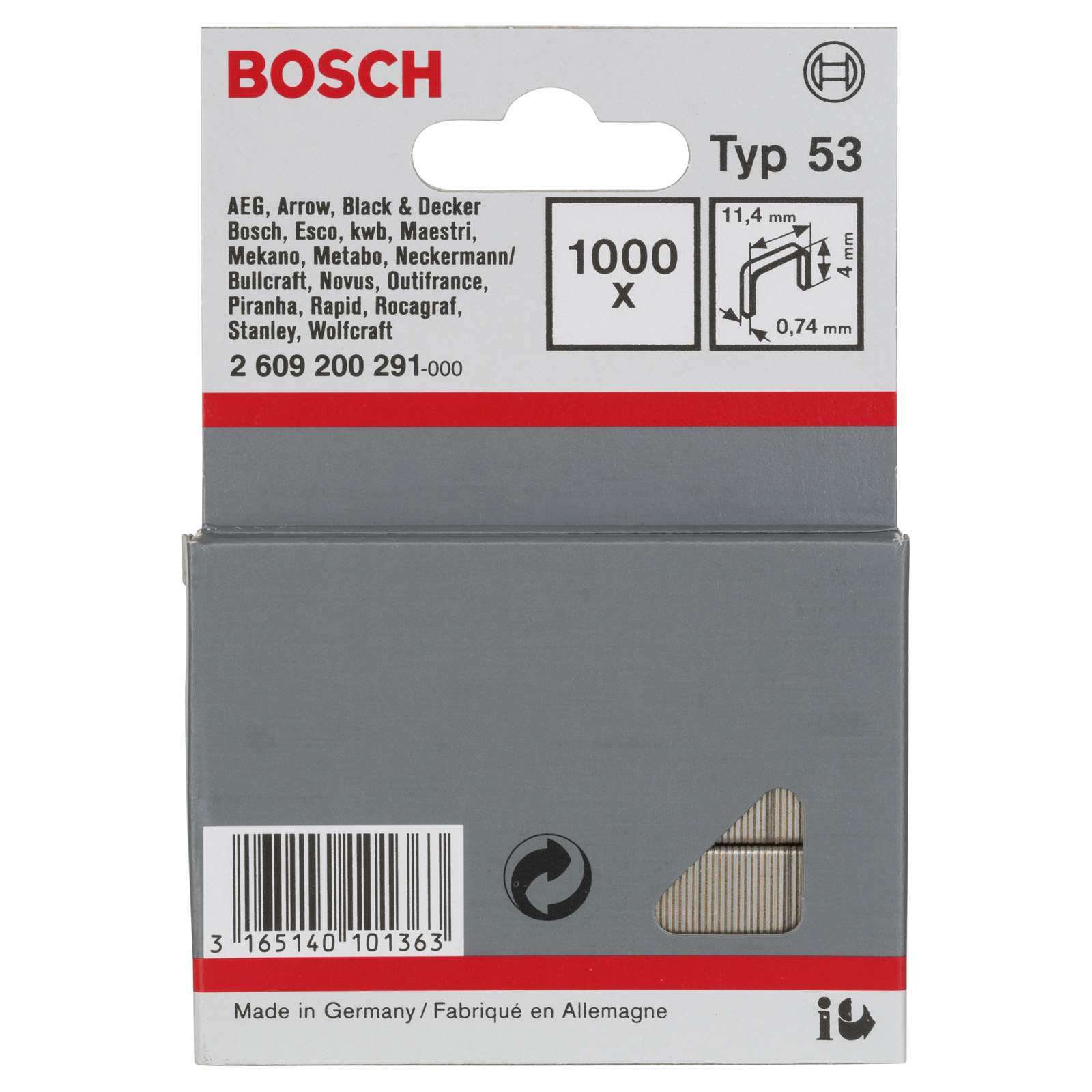 Bosch 1.000x Feindrahtklammer Typ 53, 11,4 x 0,74 x 4 mm - 2609200291