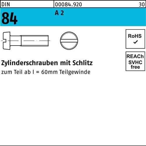 Zylinderschraube DIN 84/ISO 1207 Schlitz M3x 20 A 2 1000 Stück