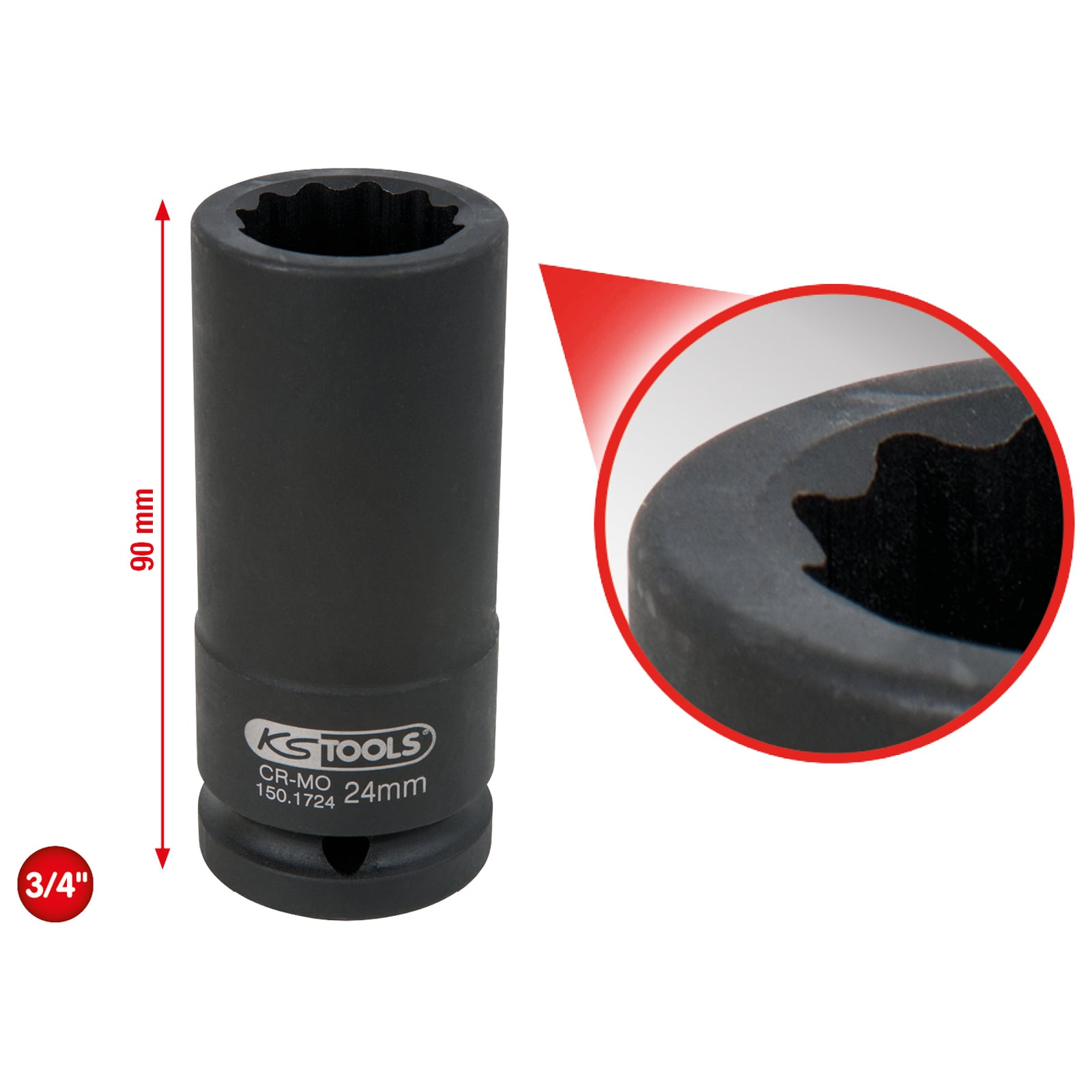 KS TOOLS 3/4" 12-kant-Antriebswellen-Kraftstecknuss lang 24 mm - 150.1724