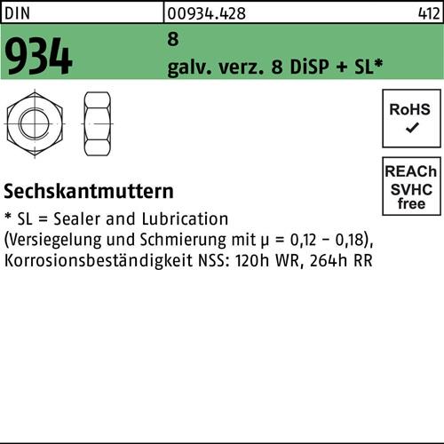 Sechskantmutter DIN 934 M14 gal Zn 8 DiSP + SL 100 Stück