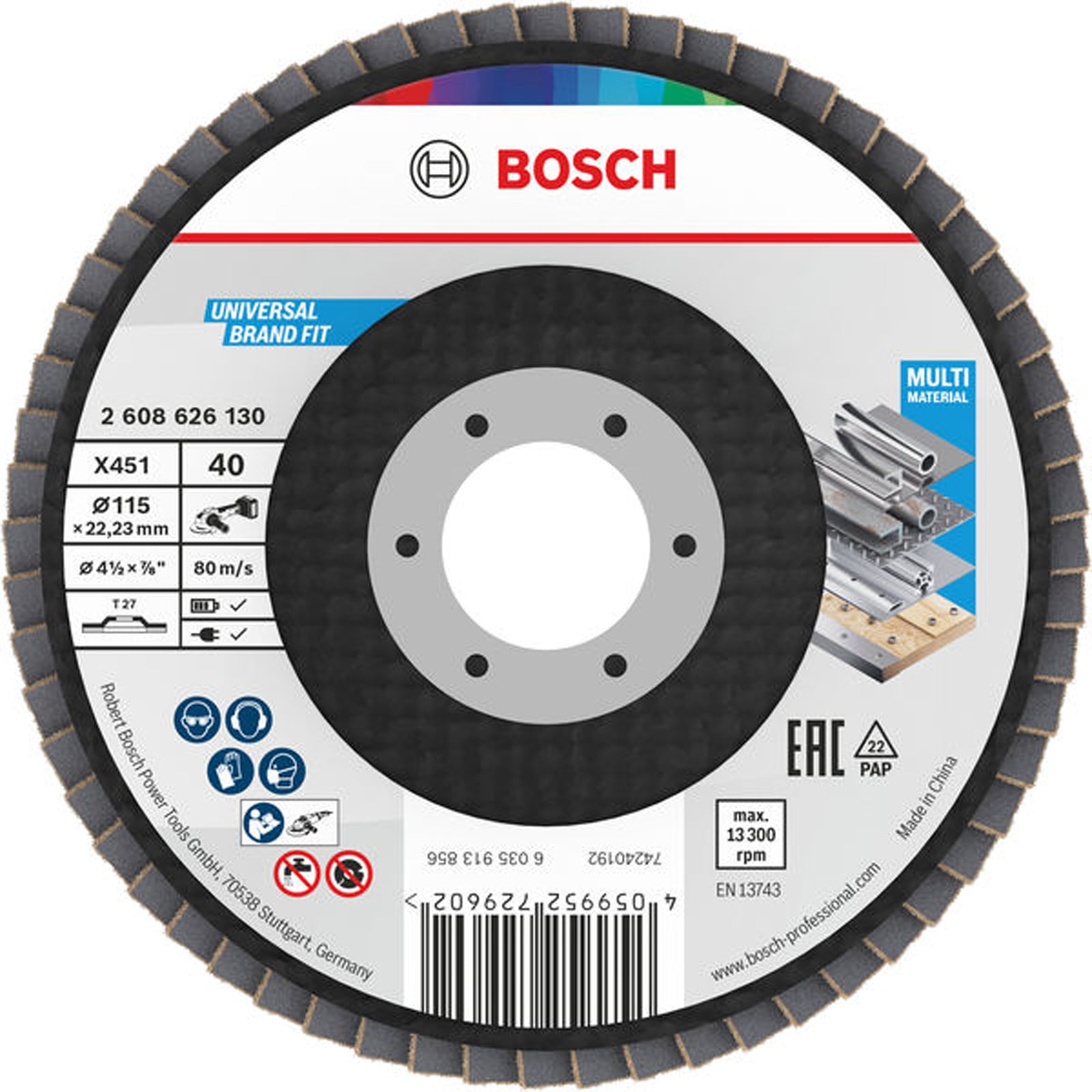 Bosch X451 Fächerschleifscheibe, 115 x 22,23 mm, K40, Z27, 15-tlg