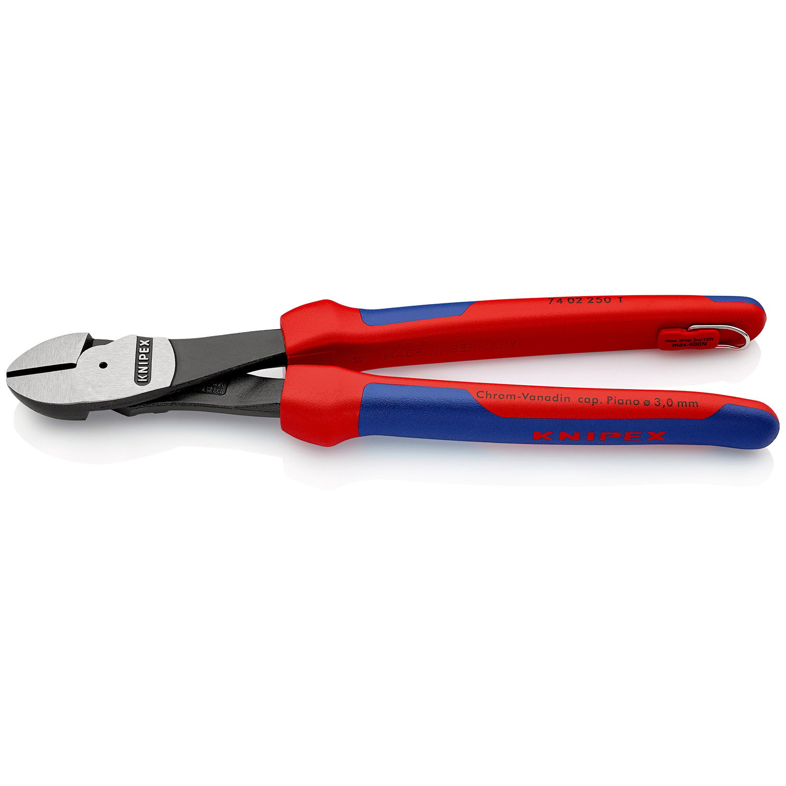 Knipex Kraft-Seitenschneider mit Befestigungsöse schwarz atramentiert, mit Mehrkomponenten-Hüllen, mit integrierter Befestigungsöse zum Anbringen einer Absturzsicherung 250 mm - 7402250TBK