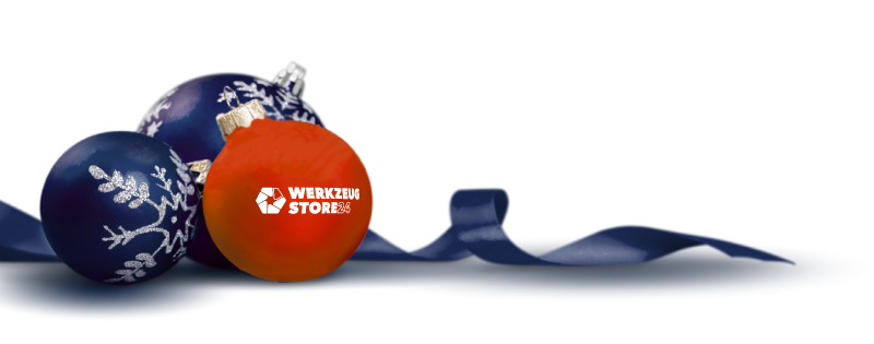 Weihnachtskugeln mit Werkzeugstore24-Logo und festlicher Dekoration