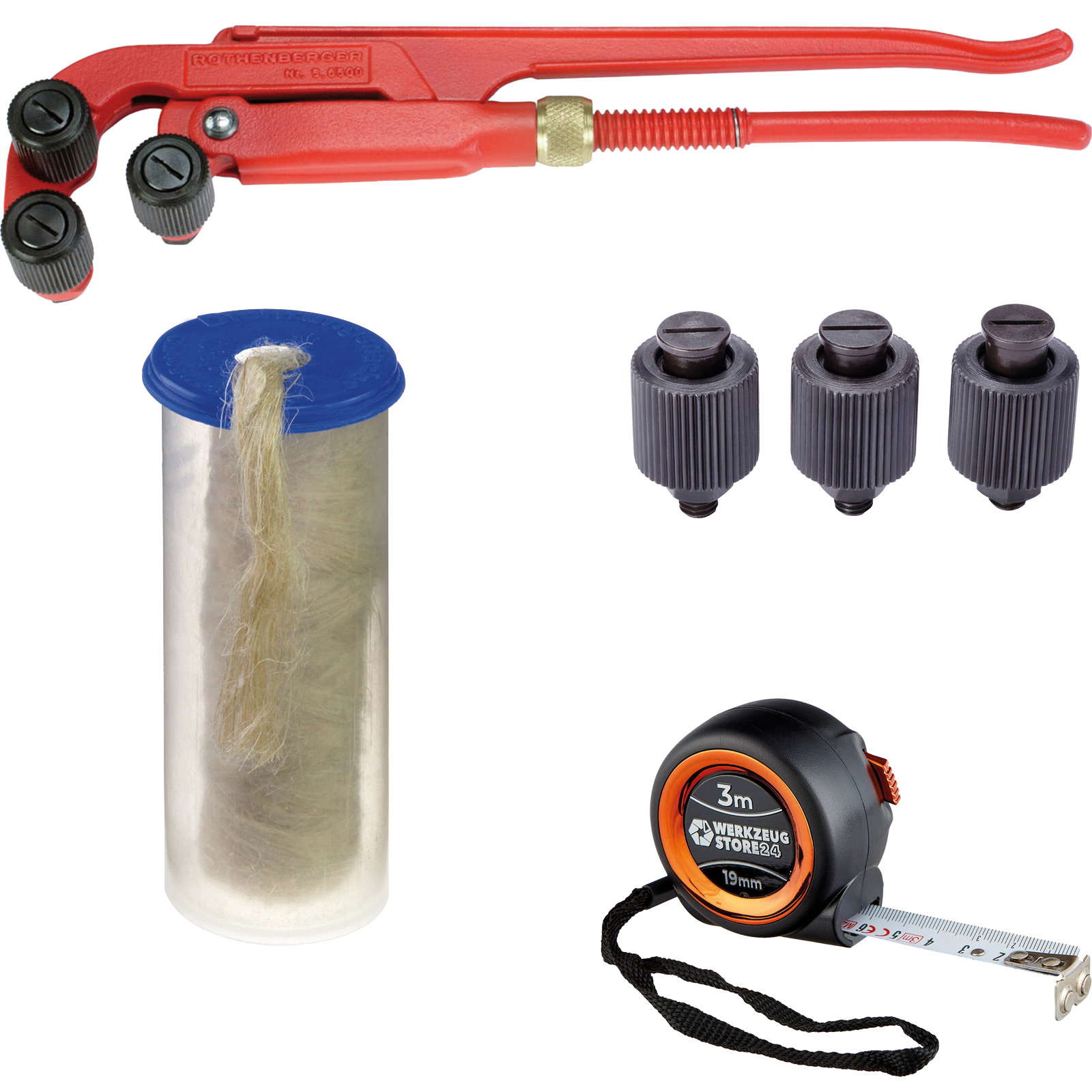 ROTHENBERGER Gewinde-Aufraugerät 3/8-2" + HANFSPENDER mit ROLLE 40G/40M + 3x Ersatz-Aufraurollen + Bandmaß - 56500-70623-56501-Set