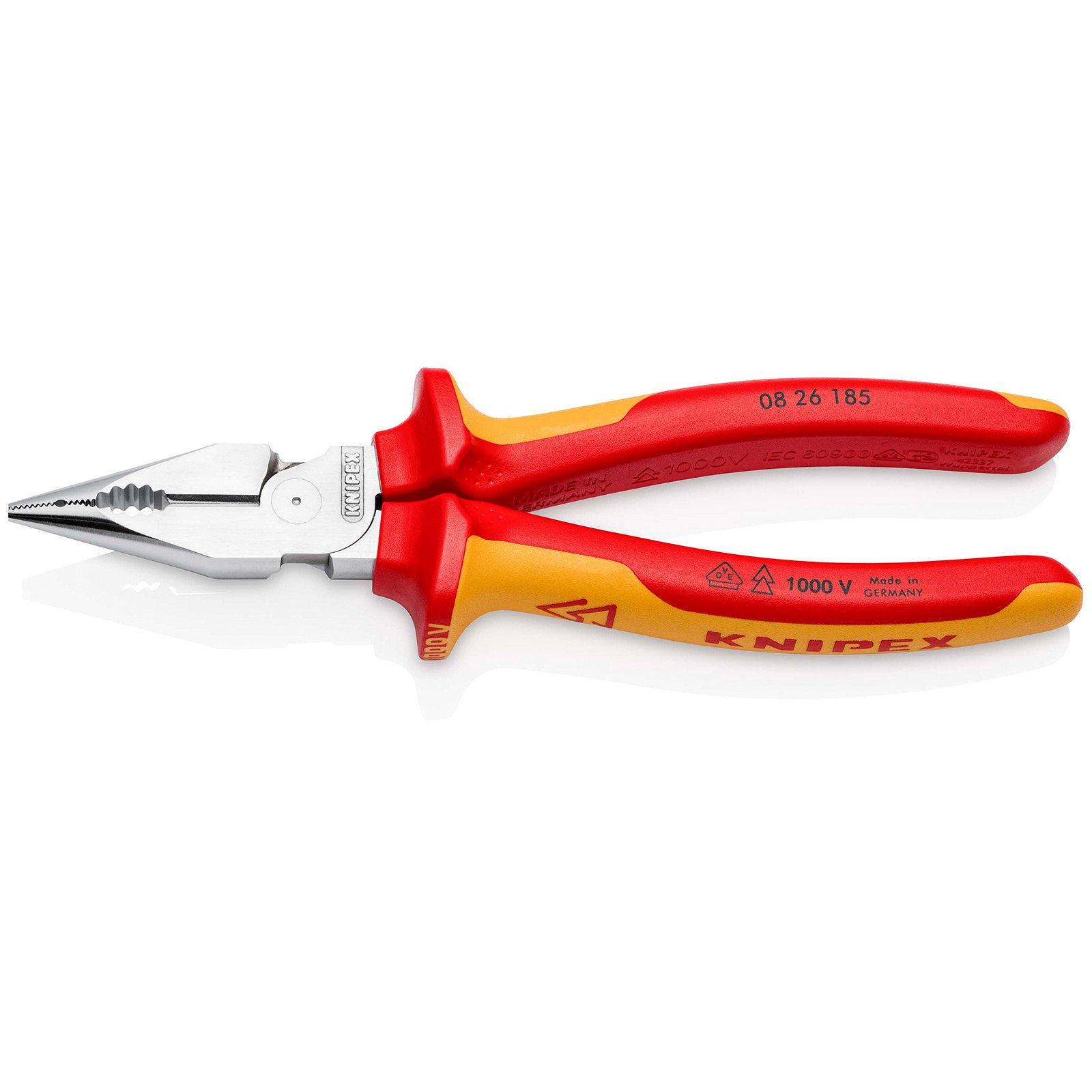 Knipex Spitz-Kombizange isoliert mit Mehrkomponenten-Hüllen VDE-geprüft verchromt 185 mm - 0826185