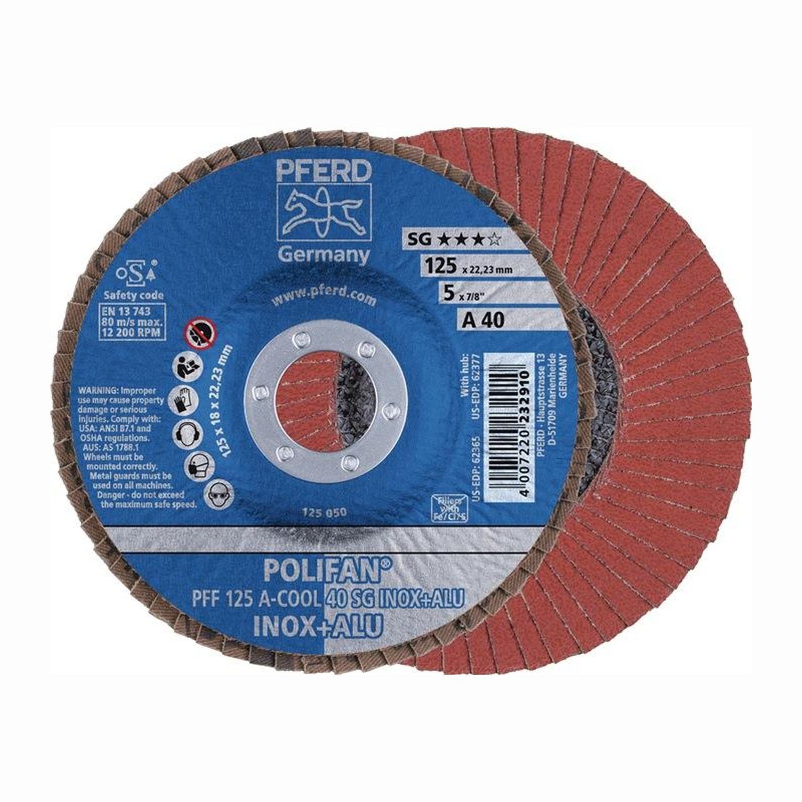 PFERD 10x Fächerscheibe POLIFAN A-COOL SG INOX+ALU Ø 125 mm Körnung A-40 flach - 67654125