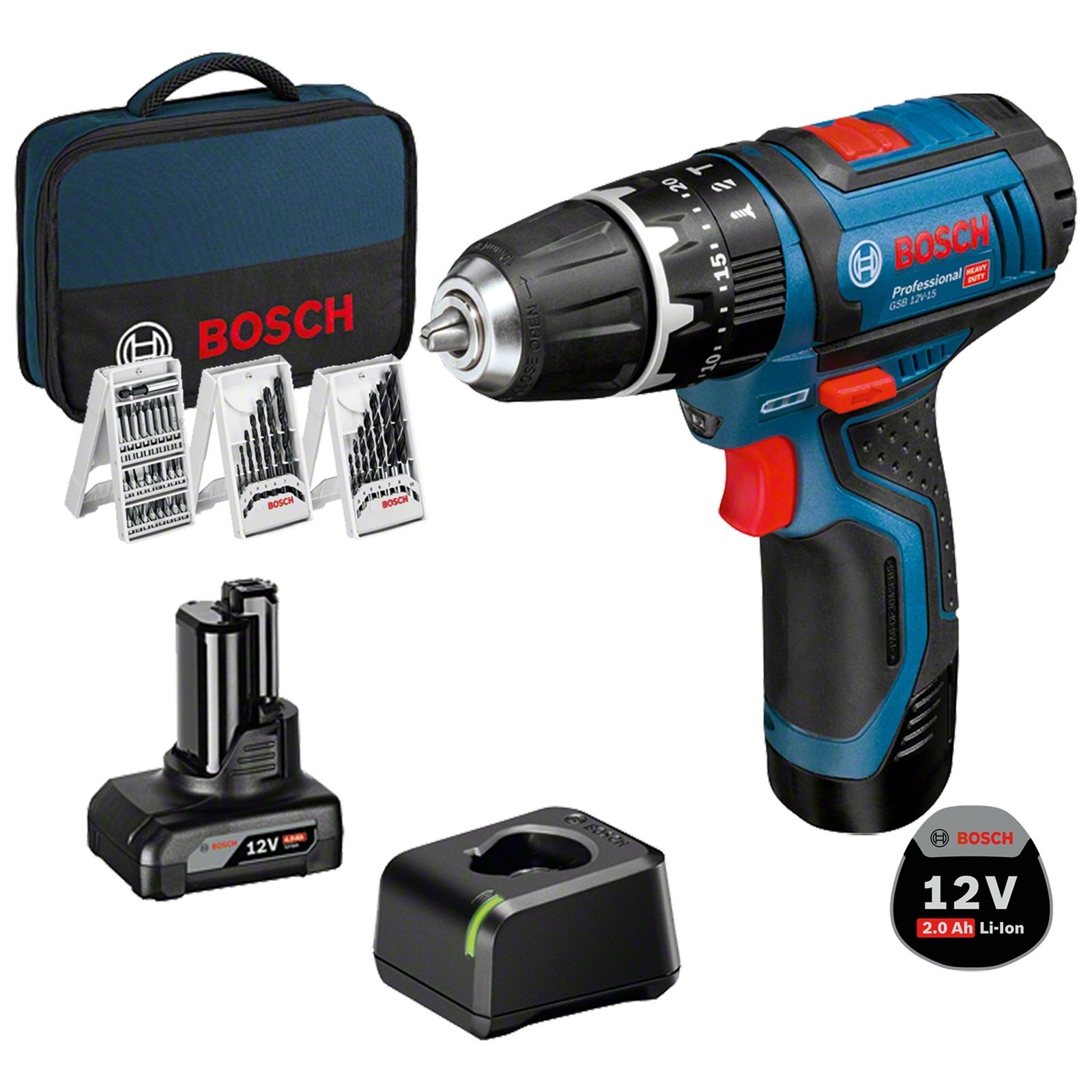 Bosch Akku-Schlagbohrschrauber GSB 12V-15 Professional 12 V / 1x 2,0 + 1x 4,0 Ah Akku + Ladegerät im Softbag inkl. Zubehör-Set 39tlg. - 06019B690G