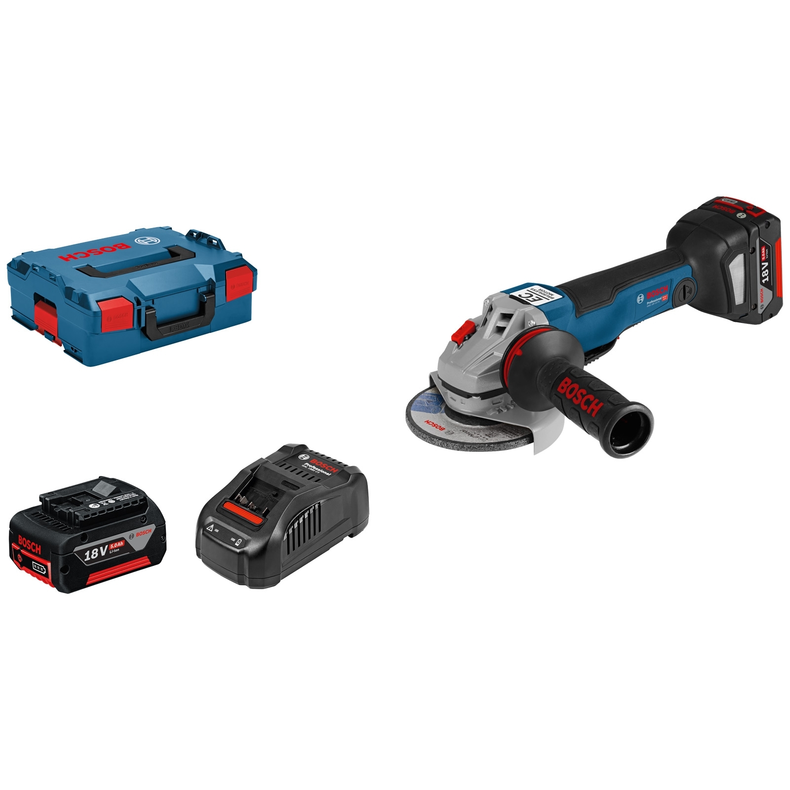 Bosch Akku-Winkelschleifer GWS 18V-10 PC Ø 125 mm / 2x 5,0 Ah Akku + Ladegerät inkl. Zubehör-Set in L-Boxx - 06019G3E0D