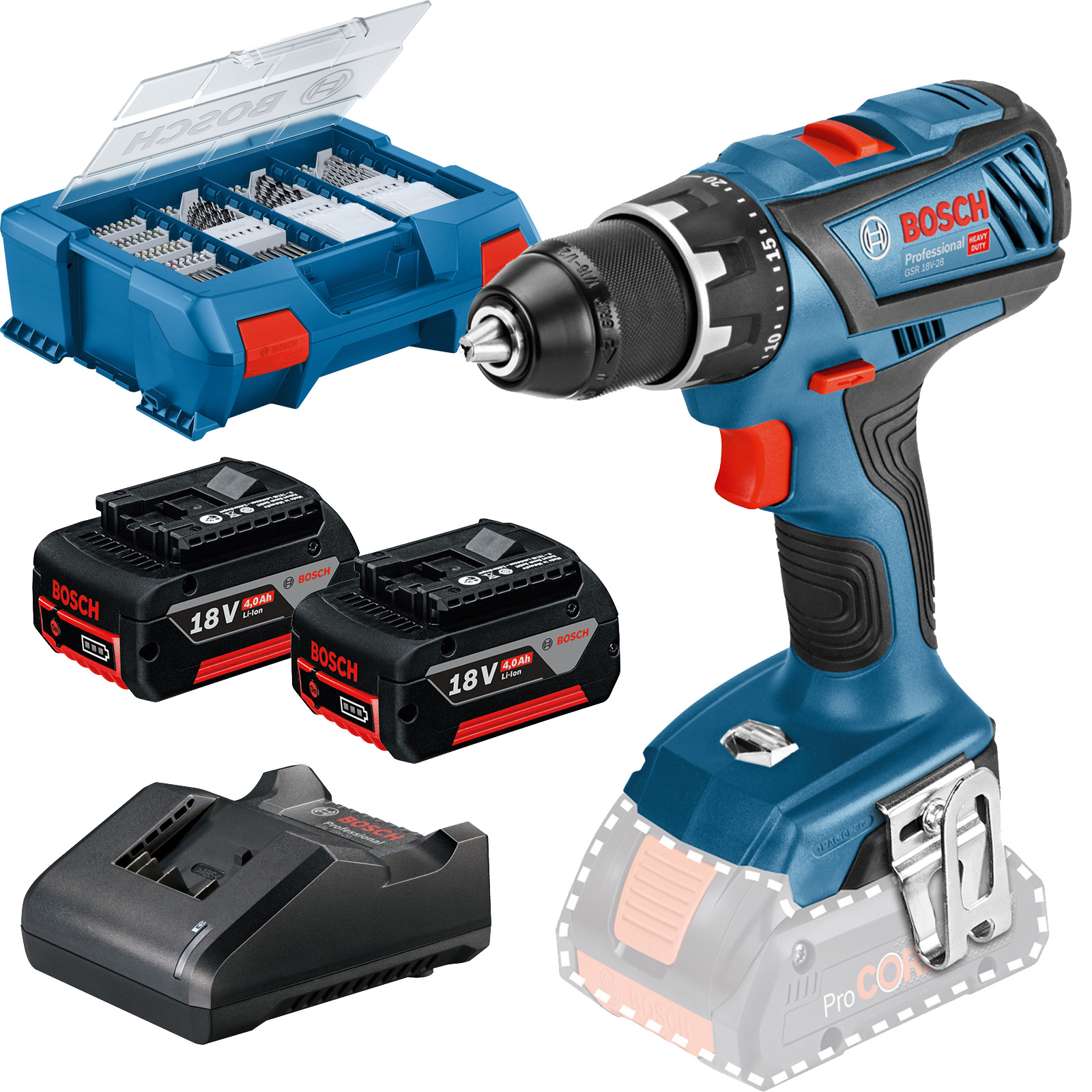 Bosch Akku-Bohrschrauber GSR 18V-28 / 2x 4,0 Ah Akku + Ladegerät in L-Case Pick & Click - 06019E610C